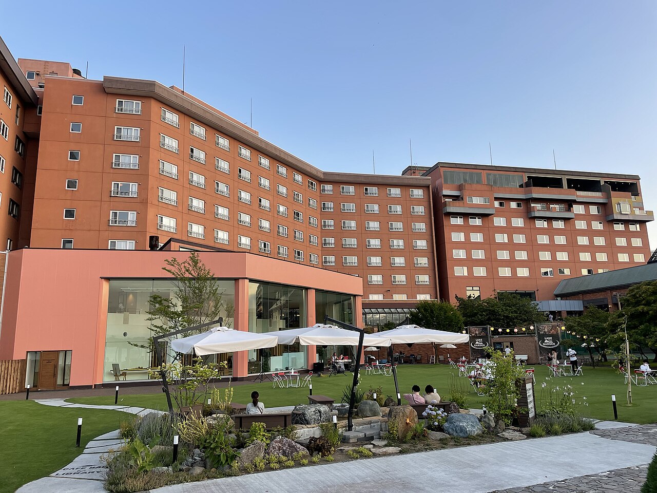 Toyako Manseikaku Hotel seen from the Lake Toya waterfront